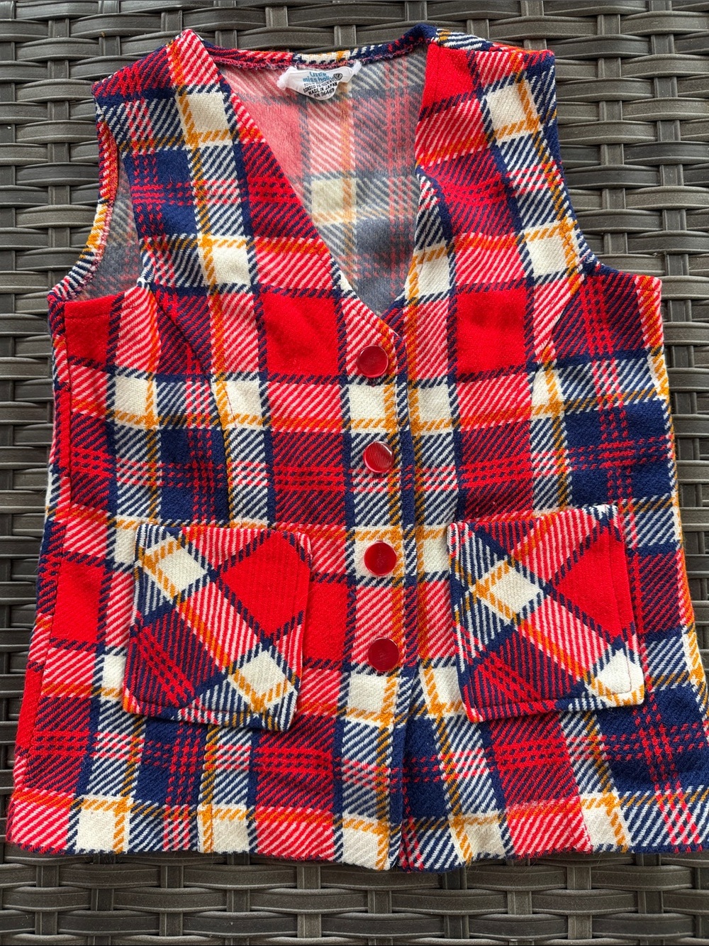 Vtg Little Miss Holly Red Navy Plaid Button Vest